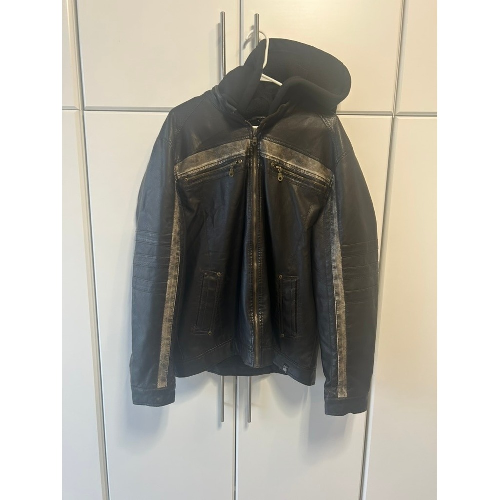 Machine Mens XXL Faux‎ Leather Moto Jacket Black Hooded Distressed Silver Stripe